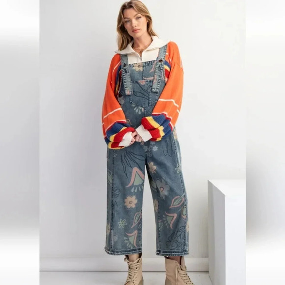 Easel Vintage Denim Washed Floral Flowers Overalls Jumpsuit New - Picture 2 of 6